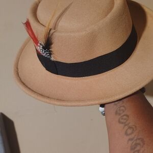 Tan Fedora Hat with Black Band and Feather